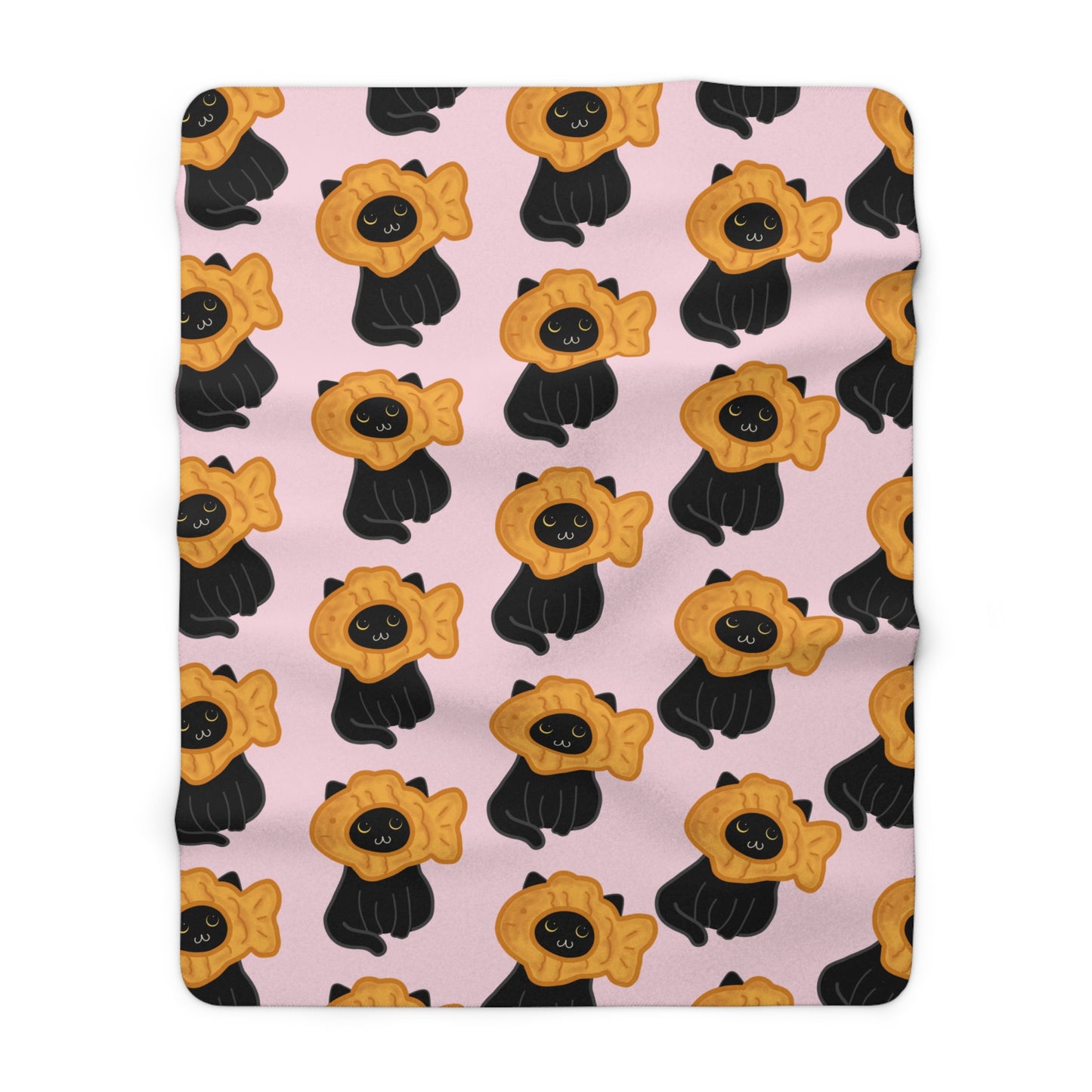 Baby Pink Black Cat Taiyaki Hat Cozy Fleece Blanket