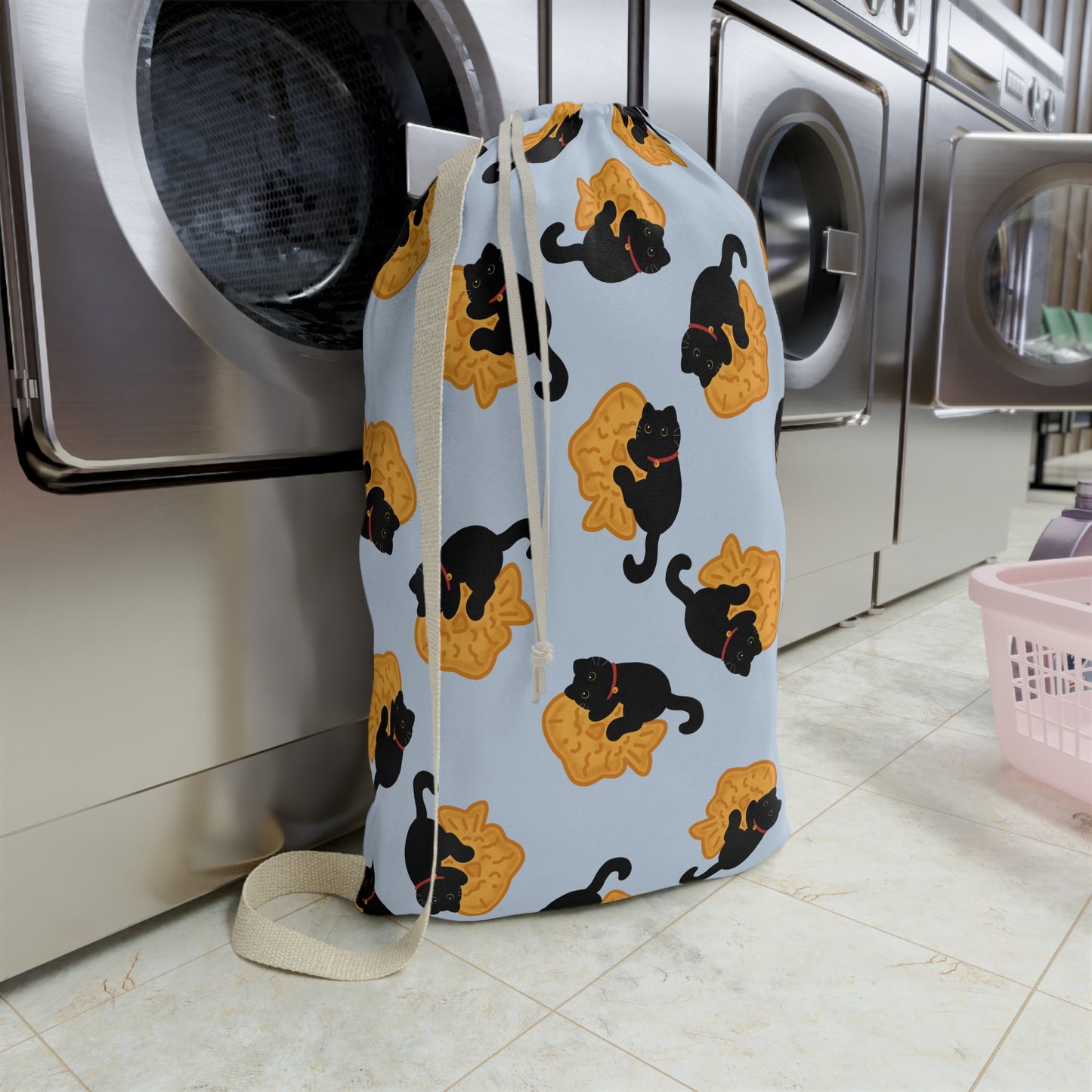 Baby Blue Black Cat Taiyaki Drawstring Bag