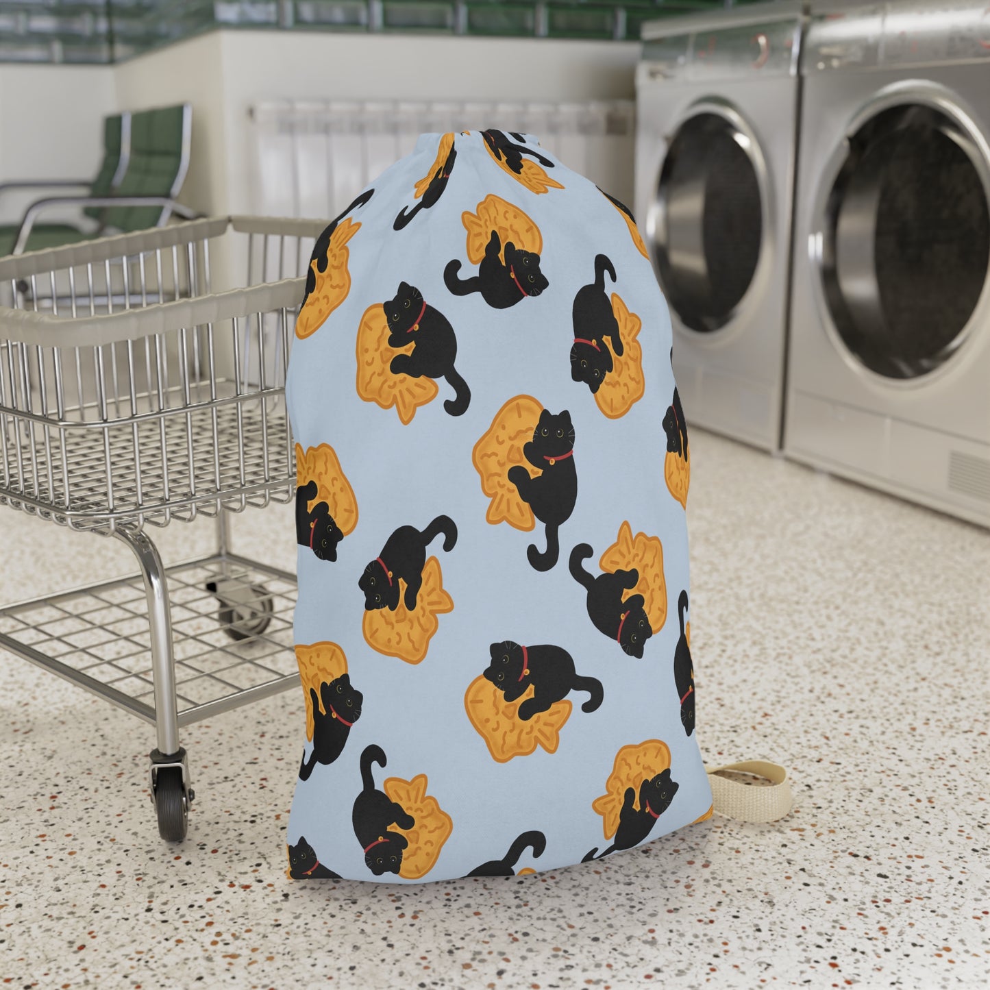 Baby Blue Black Cat Taiyaki Drawstring Bag