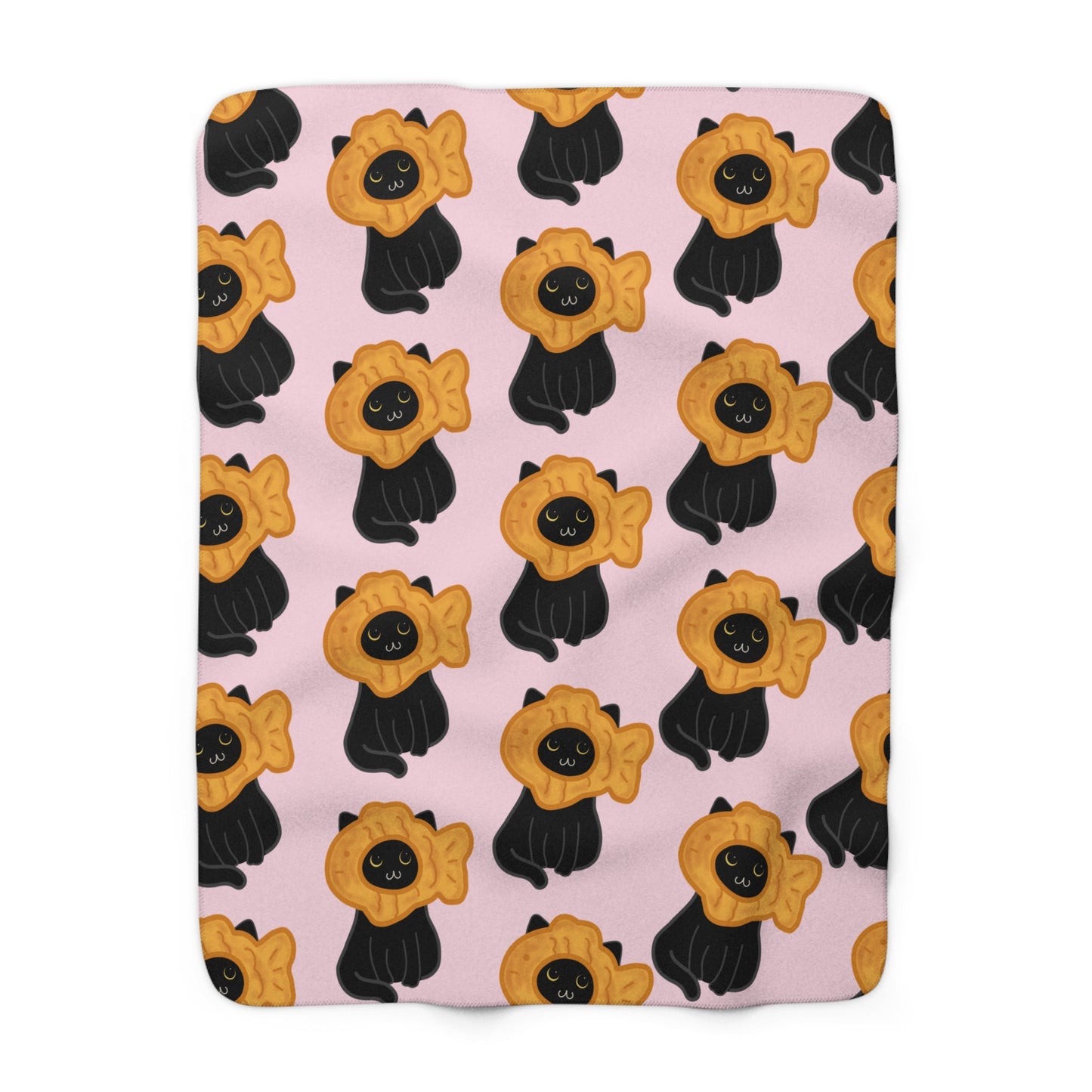 Baby Pink Black Cat Taiyaki Hat Cozy Fleece Blanket