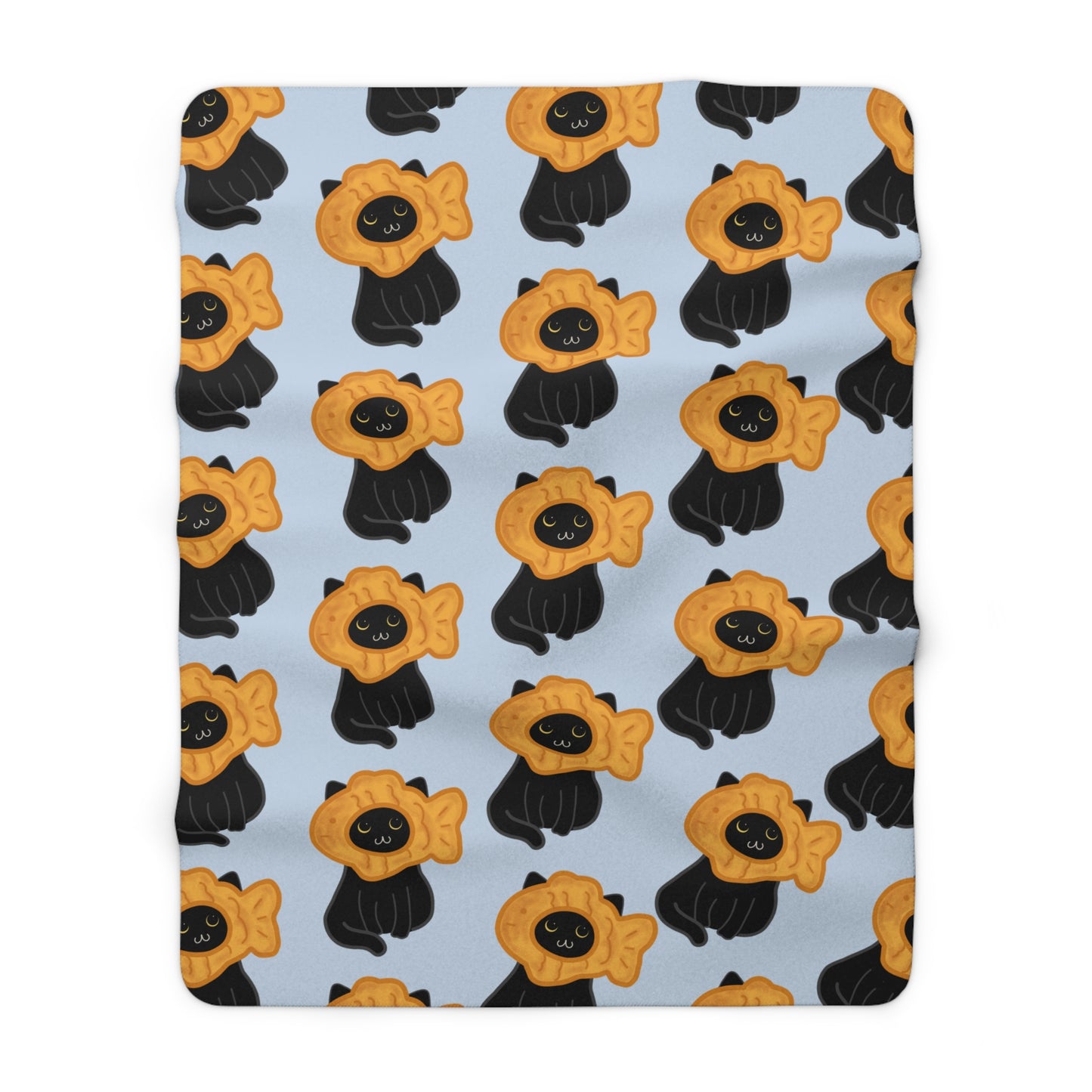 Baby Blue Black Cat Taiyaki Hat Cozy Fleece Blanket