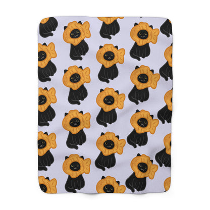 Lavender Black Cat Taiyaki Hat Cozy Fleece Blanket