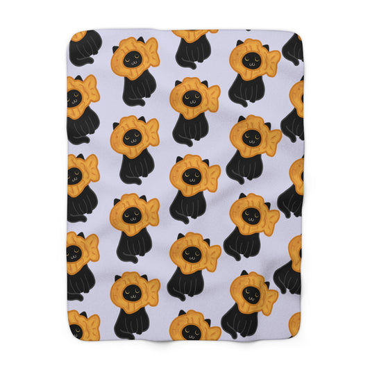 Lavender Black Cat Taiyaki Hat Cozy Fleece Blanket