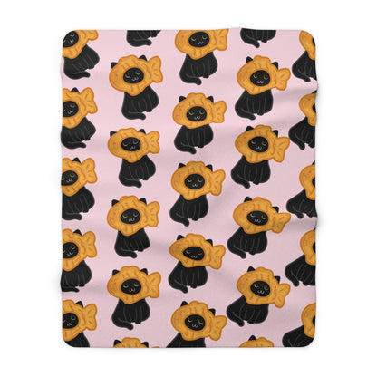 Baby Pink Black Cat Taiyaki Hat Cozy Fleece Blanket