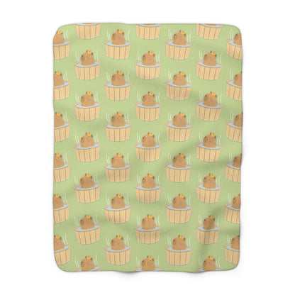 Matcha Green Capybara Bath Cozy Fleece Blanket