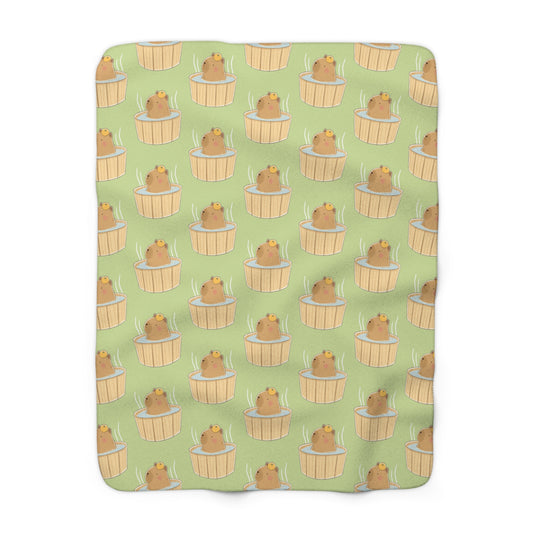 Matcha Green Capybara Bath Cozy Fleece Blanket