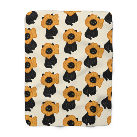 Black Cat Taiyaki Hat Cozy Fleece Blanket
