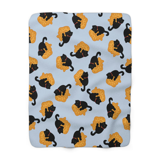 Baby Blue Black Cat Taiyaki Cozy Fleece Blanket
