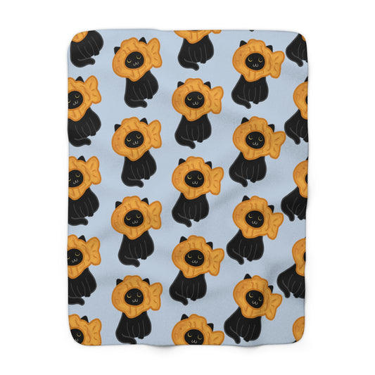 Baby Blue Black Cat Taiyaki Hat Cozy Fleece Blanket