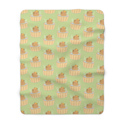 Matcha Green Capybara Bath Cozy Fleece Blanket