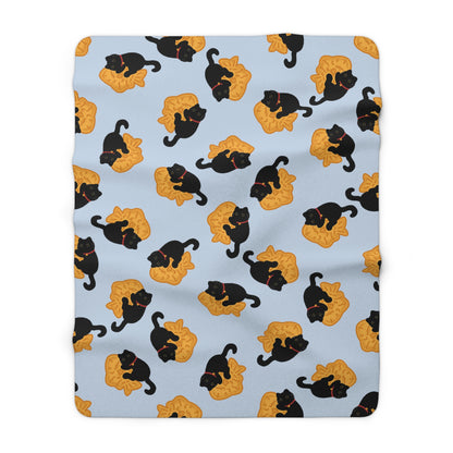 Baby Blue Black Cat Taiyaki Cozy Fleece Blanket