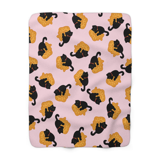 Baby Pink Black Cat Taiyaki Cozy Fleece Blanket