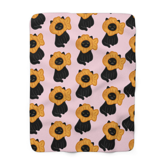 Baby Pink Black Cat Taiyaki Hat Cozy Fleece Blanket