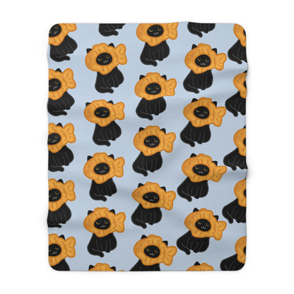 Baby Blue Black Cat Taiyaki Hat Cozy Fleece Blanket